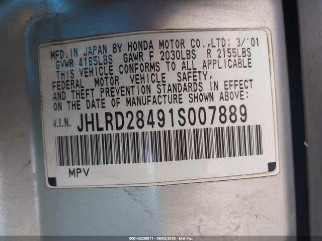 Aukcja sprzedaży 2001 Honda Cr-v Lx, vin: JHLRD28491S007889, numer aukcji: 45238871