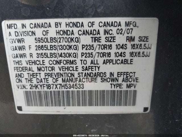Продажа на аукционе авто 2007 Honda Pilot Ex-l, vin: 2HKYF187X7H534533, номер лота: 45238874