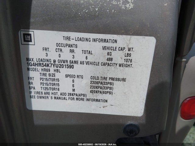 2000 Buick Lesabre Limited მანქანა იყიდება აუქციონზე, vin: 1G4HR54K7YU201590, აუქციონის ნომერი: 45238882