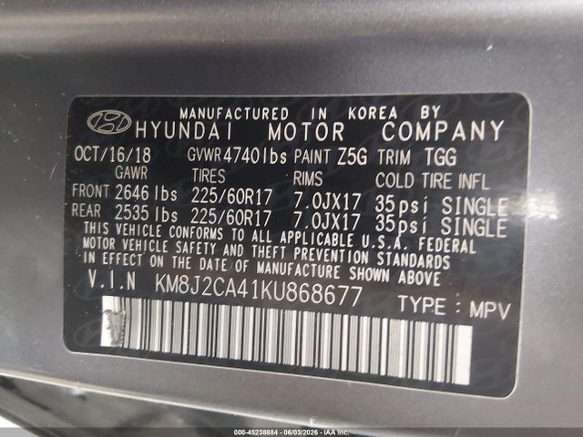 Aukcja sprzedaży 2019 Hyundai Tucson Se, vin: KM8J2CA41KU868677, numer aukcji: 45238884