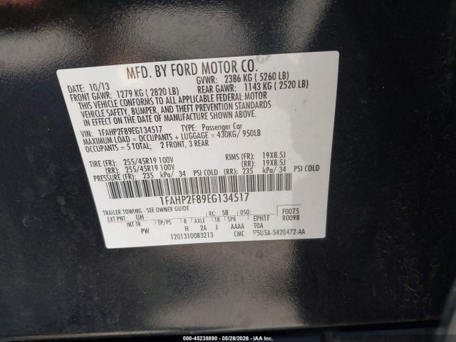 Ford Taurus Limited 2014 1FAHP2F89EG134517 Image 9