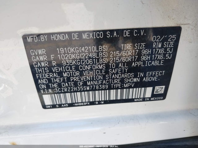 3CZRZ2H35SM778389 Honda Hr-v Awd Lx