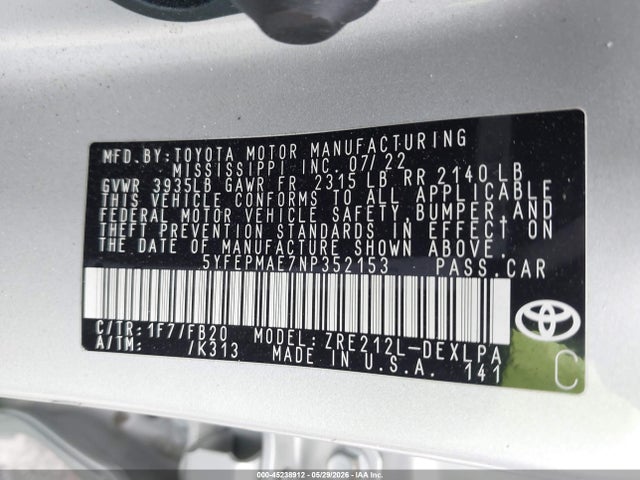 Продаж на аукціоні авто 2022 Toyota Corolla Le, vin: 5YFEPMAE7NP352153, номер лоту: 45238912