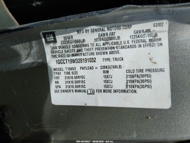 Продажа на аукционе авто 2002 Chevrolet S-10 Ls, vin: 1GCCT19W328191032, номер лота: 45238927
