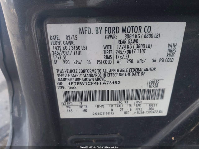 2015 Ford F-150 Xlt მანქანა იყიდება აუქციონზე, vin: 1FTEW1CF4FFA73162, აუქციონის ნომერი: 45238936