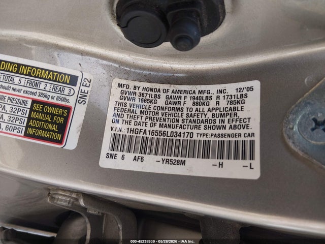 Продажа на аукционе авто 2006 Honda Civic Lx, vin: 1HGFA16556L034170, номер лота: 45238939