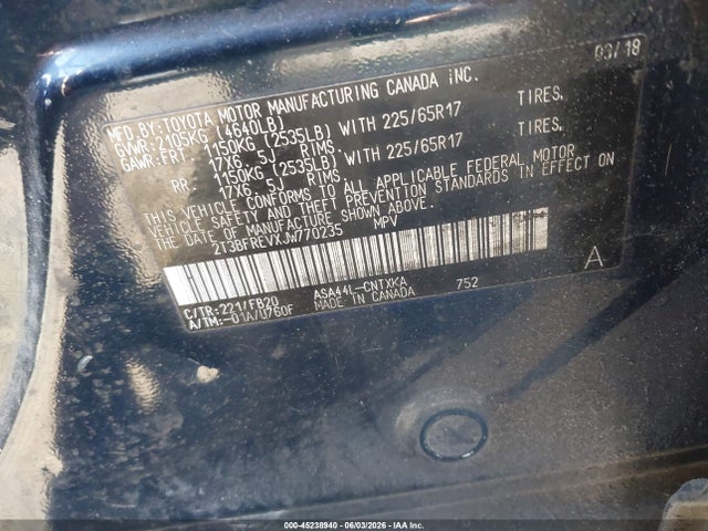 2018 Toyota Rav4 Le მანქანა იყიდება აუქციონზე, vin: 2T3BFREVXJW770235, აუქციონის ნომერი: 45238940