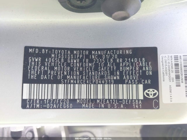 Aukcja sprzedaży 2020 Toyota Corolla Se  6mt, vin: 5YFM4RCE4LP044319, numer aukcji: 45238947