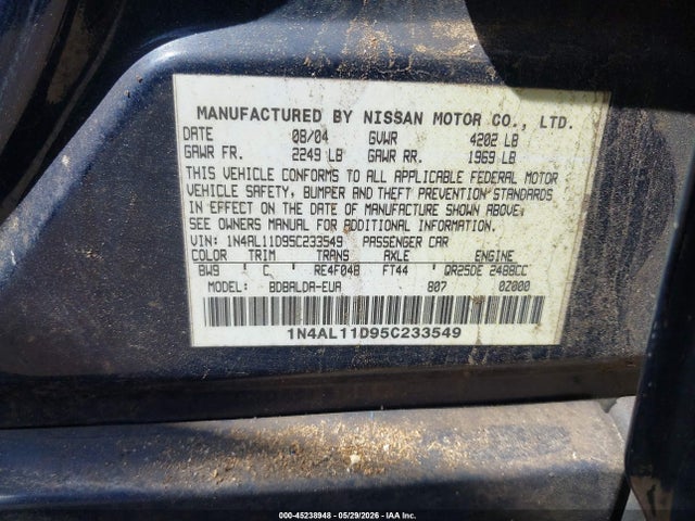 2005 Nissan Altima 2.5 S მანქანა იყიდება აუქციონზე, vin: 1N4AL11D95C233549, აუქციონის ნომერი: 45238948