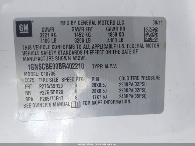 Aukcja sprzedaży 2011 Chevrolet Tahoe Lt, vin: 1GNSCBE00BR402210, numer aukcji: 45238951