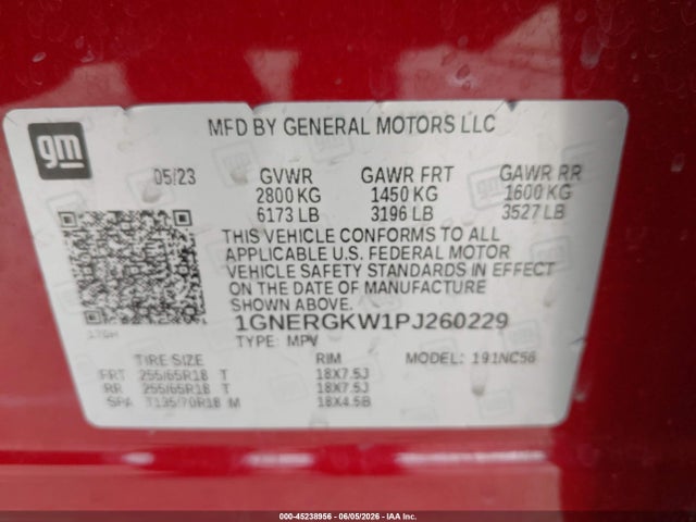 1GNERGKW1PJ260229 Chevrolet Traverse Fwd Lt Cloth