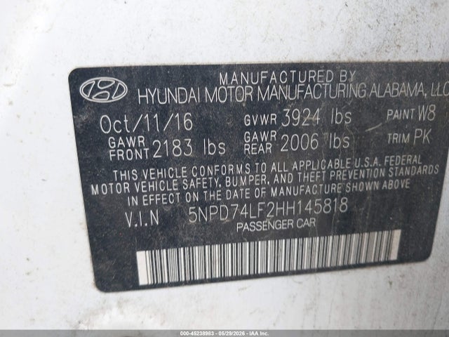 Продаж на аукціоні авто 2017 Hyundai Elantra Se, vin: 5NPD74LF2HH145818, номер лоту: 45238983
