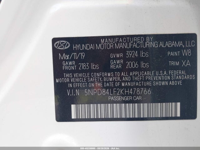Aukcja sprzedaży 2019 Hyundai Elantra Sel, vin: 5NPD84LF2KH478766, numer aukcji: 45238995