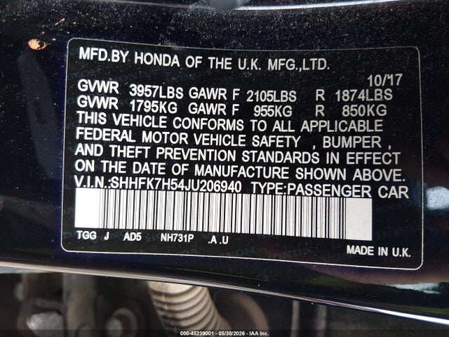Honda CIVIC EX 2018 SHHFK7H54JU206940 Image 9