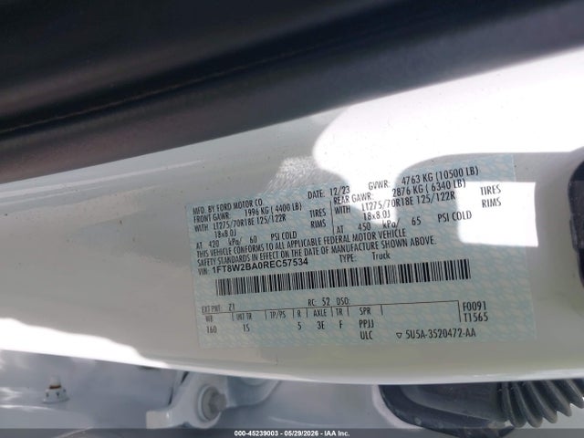 2024 Ford F-250 Xl მანქანა იყიდება აუქციონზე, vin: 1FT8W2BA0REC57534, აუქციონის ნომერი: 45239003