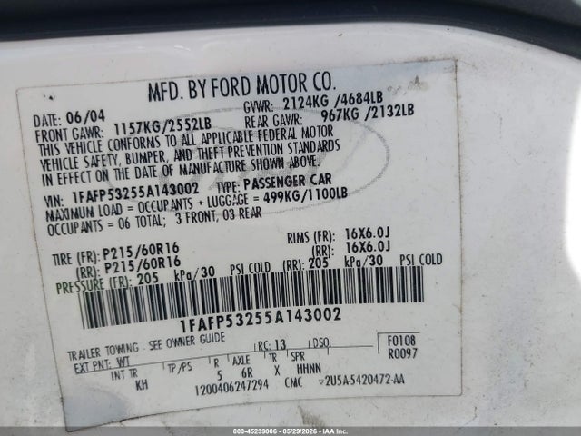 2005 Ford Taurus Se მანქანა იყიდება აუქციონზე, vin: 1FAFP53255A143002, აუქციონის ნომერი: 45239006