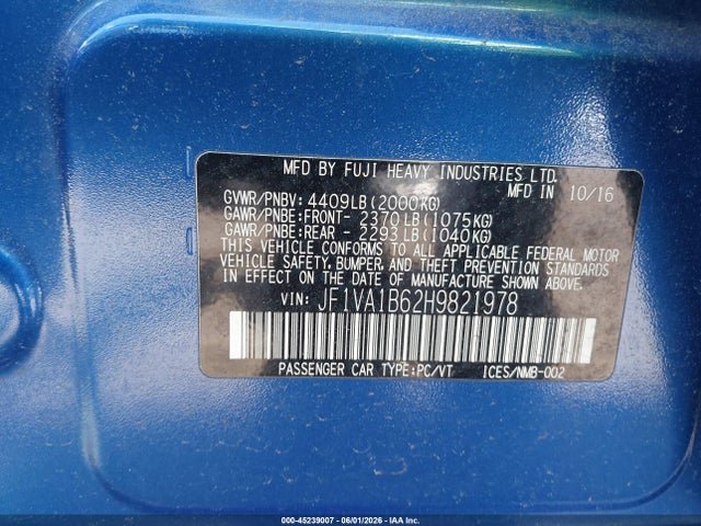 Subaru WRX 2017 JF1VA1B62H9821978 Image 9