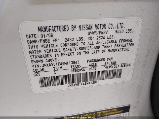 2006 Infiniti M35 მანქანა იყიდება აუქციონზე, vin: JNKAY01E46M113943, აუქციონის ნომერი: 45239011