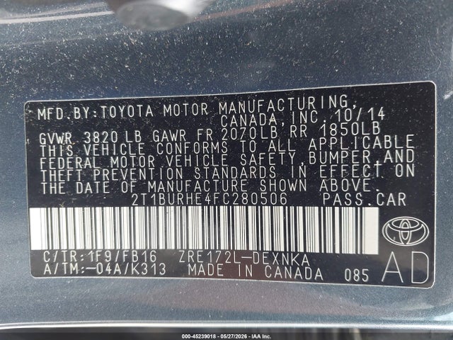 Продаж на аукціоні авто 2015 Toyota Corolla Le, vin: 2T1BURHE4FC280506, номер лоту: 45239018
