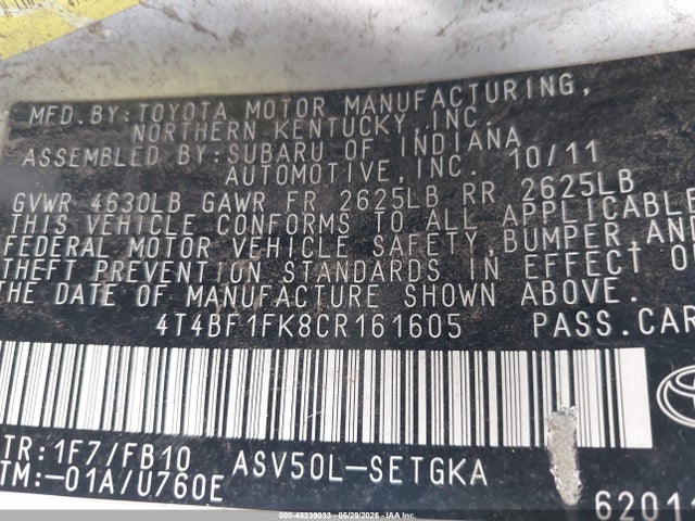 2012 Toyota Camry Xle მანქანა იყიდება აუქციონზე, vin: 4T4BF1FK8CR161605, აუქციონის ნომერი: 45239033