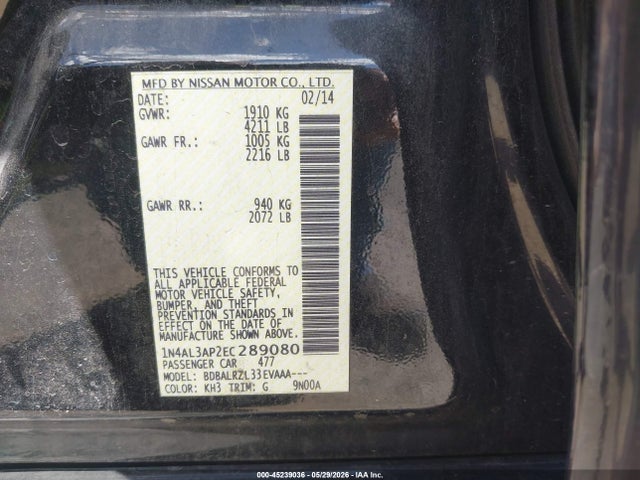 Aukcja sprzedaży 2014 Nissan Altima 2.5/2.5 S/2.5 Sl/2.5 Sv, vin: 1N4AL3AP2EC289080, numer aukcji: 45239036
