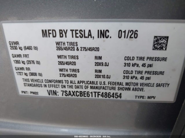 Продаж на аукціоні авто 2026 Tesla Model X Plaid/signature Series, vin: 7SAXCBE61TF486454, номер лоту: 45239053