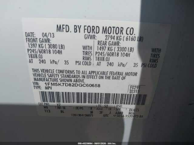 45239064 :رقم المزاد ، 1FM5K7D82DGC60658 vin ، 2013 Ford Explorer Xlt مزاد بيع