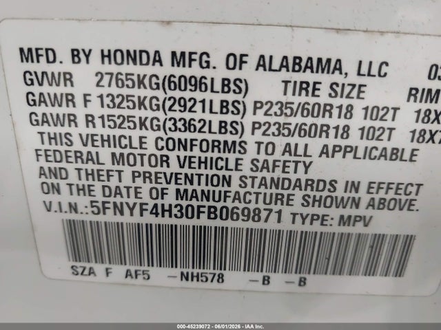 Продаж на аукціоні авто 2015 Honda Pilot Se, vin: 5FNYF4H30FB069871, номер лоту: 45239072