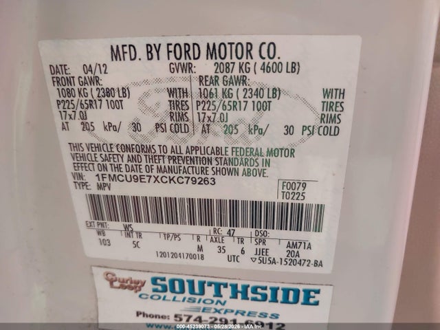 Aukcja sprzedaży 2012 Ford Escape Limited, vin: 1FMCU9E7XCKC79263, numer aukcji: 45239073