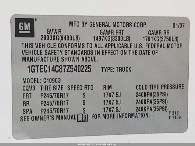 Aukcja sprzedaży 2007 Gmc Sierra 1500 Work Truck, vin: 1GTEC14C87Z540225, numer aukcji: 45239077