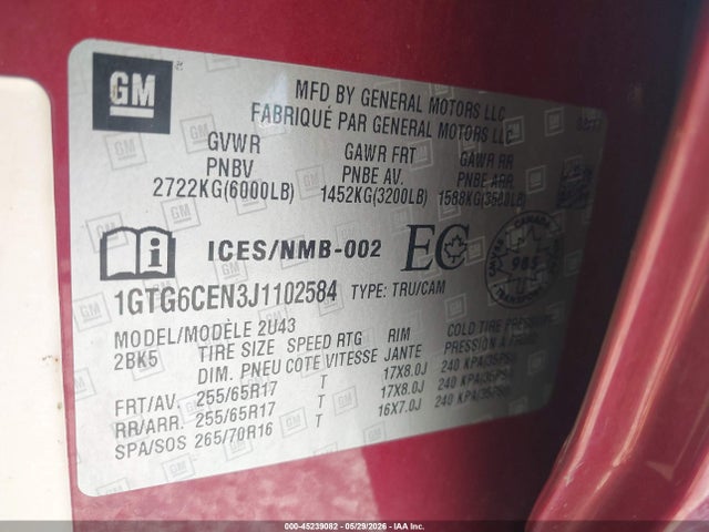 45239082 :رقم المزاد ، 1GTG6CEN3J1102584 vin ، 2018 Gmc Canyon Sle مزاد بيع