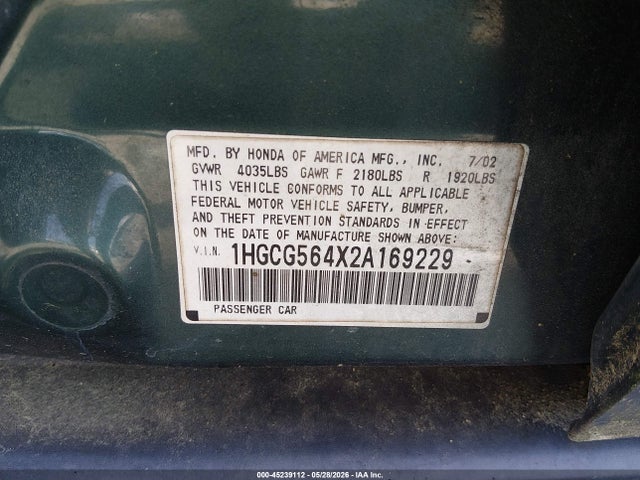 Продажа на аукционе авто 2002 Honda Accord 2.3 Lx, vin: 1HGCG564X2A169229, номер лота: 45239112