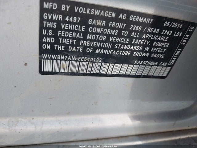 45239115 :رقم المزاد ، WVWBN7AN5EE540192 vin ، 2014 Volkswagen Cc 2.0t Sport مزاد بيع