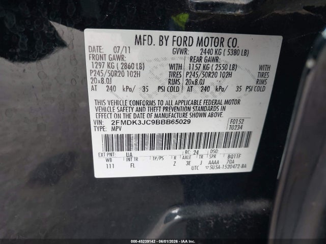45239142 :رقم المزاد ، 2FMDK3JC9BBB65029 vin ، 2011 Ford Edge Sel مزاد بيع