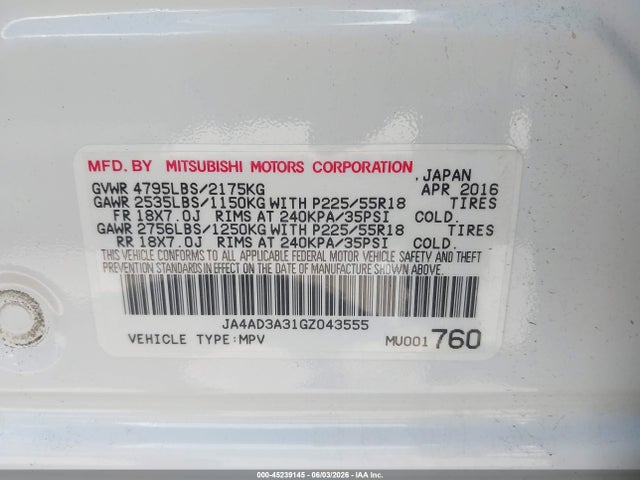 Aukcja sprzedaży 2016 Mitsubishi Outlander Se, vin: JA4AD3A31GZ043555, numer aukcji: 45239145