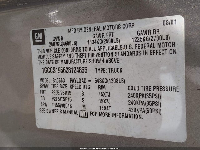 2002 Chevrolet S-10 Ls მანქანა იყიდება აუქციონზე, vin: 1GCCS195628124855, აუქციონის ნომერი: 45239147