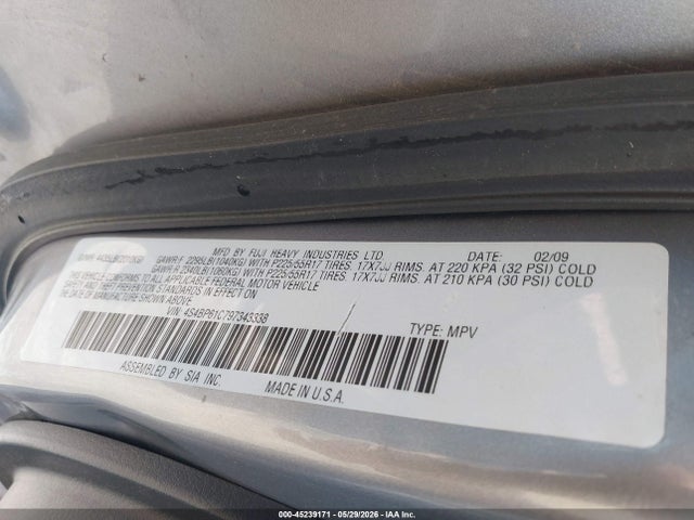 45239171 :رقم المزاد ، 4S4BP61C797343338 vin ، 2009 Subaru Outback 2.5i مزاد بيع