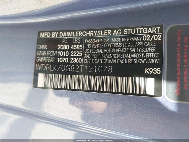 45239182 :رقم المزاد ، WDBLK70G82T121078 vin ، 2002 Mercedes-benz Clk 430 مزاد بيع