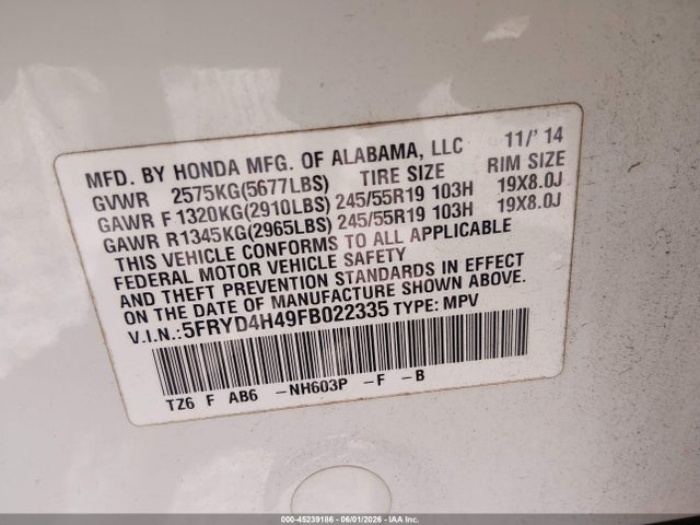 Aukcja sprzedaży 2015 Acura Mdx Technology Package, vin: 5FRYD4H49FB022335, numer aukcji: 45239186