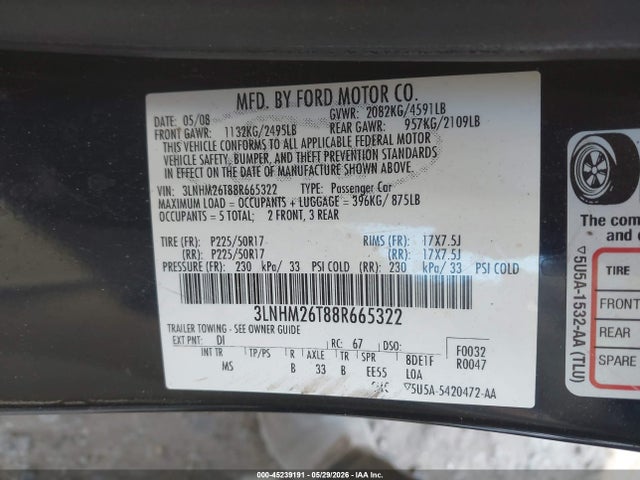 Aukcja sprzedaży 2008 Lincoln Mkz, vin: 3LNHM26T88R665322, numer aukcji: 45239191