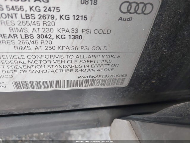 45239193 :رقم المزاد ، WA1BNAFY9J2239365 vin ، 2018 Audi Q5 2.0t Premium مزاد بيع