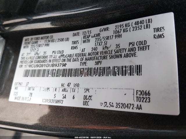 2016 Ford Escape Se მანქანა იყიდება აუქციონზე, vin: 1FMCU9G91GUB93798, აუქციონის ნომერი: 45239196