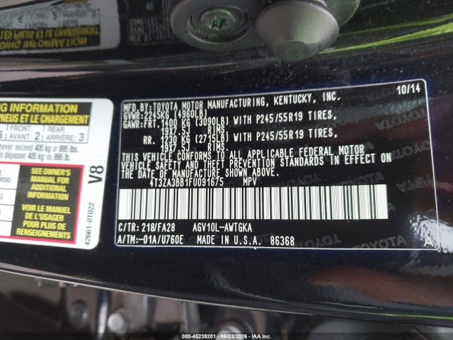 Aukcja sprzedaży 2015 Toyota Venza Le, vin: 4T3ZA3BB1FU091675, numer aukcji: 45239201