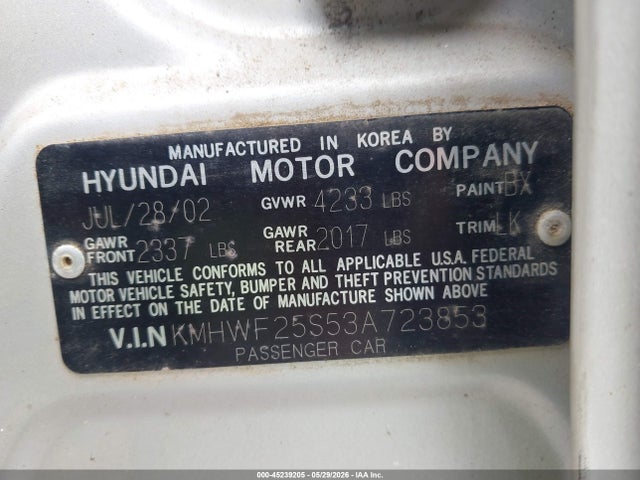 Продажа на аукционе авто 2003 Hyundai Sonata, vin: KMHWF25S53A723853, номер лота: 45239205