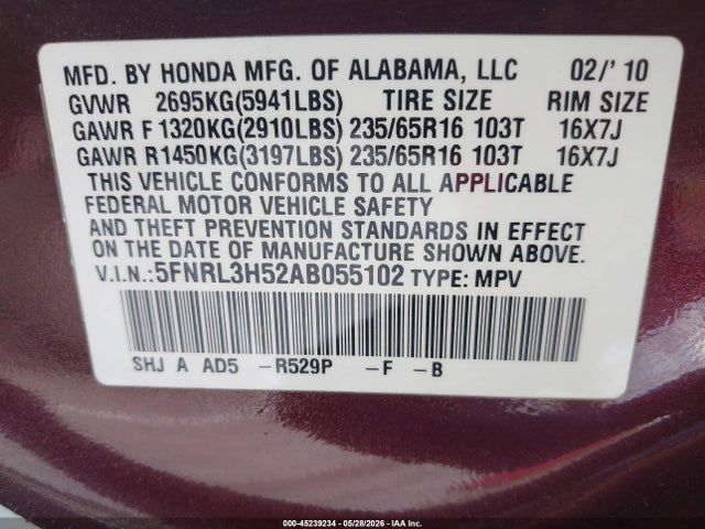 45239234 :رقم المزاد ، 5FNRL3H52AB055102 vin ، 2010 Honda Odyssey Ex مزاد بيع
