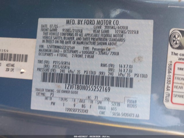 Aukcja sprzedaży 2005 Ford Mustang V6 Deluxe/v6 Premium, vin: 1ZVFT80N055252169, numer aukcji: 45239237