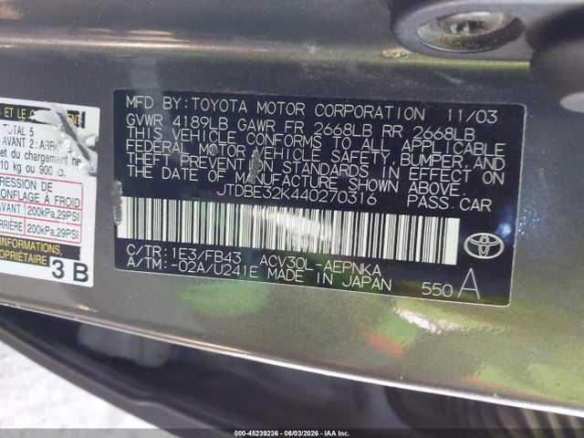 Aukcja sprzedaży 2004 Toyota Camry Le, vin: JTDBE32K440270316, numer aukcji: 45239236