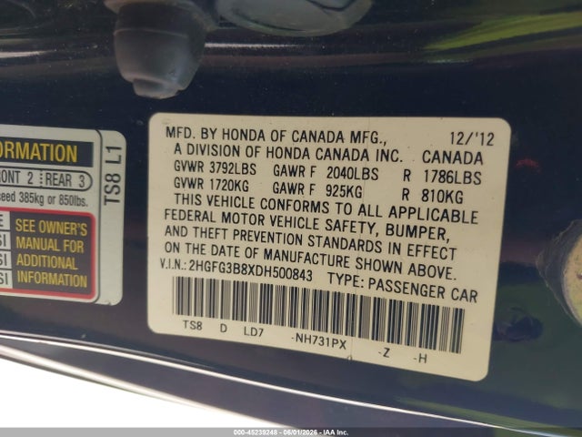 2013 Honda Civic Ex მანქანა იყიდება აუქციონზე, vin: 2HGFG3B8XDH500843, აუქციონის ნომერი: 45239248