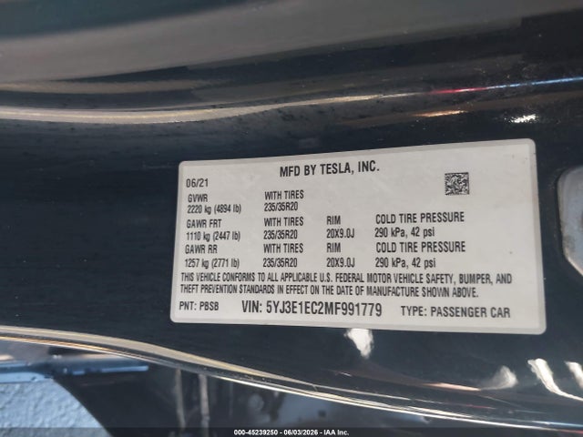 Продажа на аукционе авто 2021 Tesla Model 3 Performance Dual Motor All-wheel Drive, vin: 5YJ3E1EC2MF991779, номер лота: 45239250