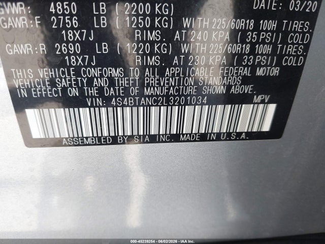 Aukcja sprzedaży 2020 Subaru Outback Limited, vin: 4S4BTANC2L3201034, numer aukcji: 45239254